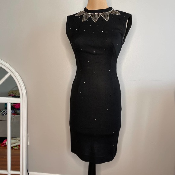 Vintage Dresses & Skirts - Vintage Black Stretch Dress Rhinestone Cocktail LBD Sheath Back Zip 60s Medium M
